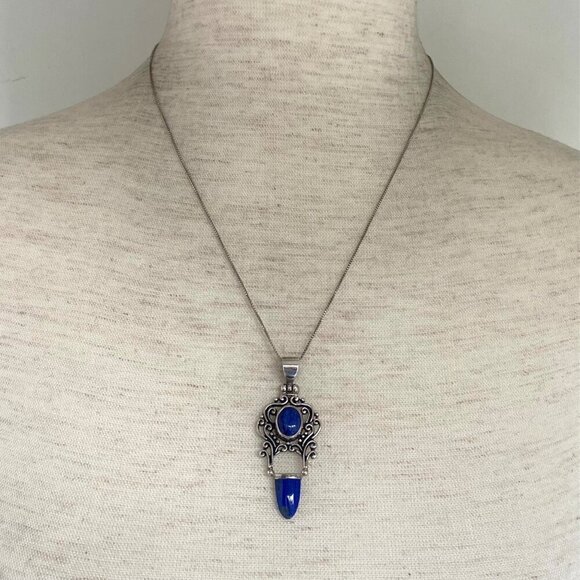 Sterling Silver 925 Lapis Lazuli Scrollwork 2 Stone Pendant Necklace 18" Chain - Picture 2 of 16